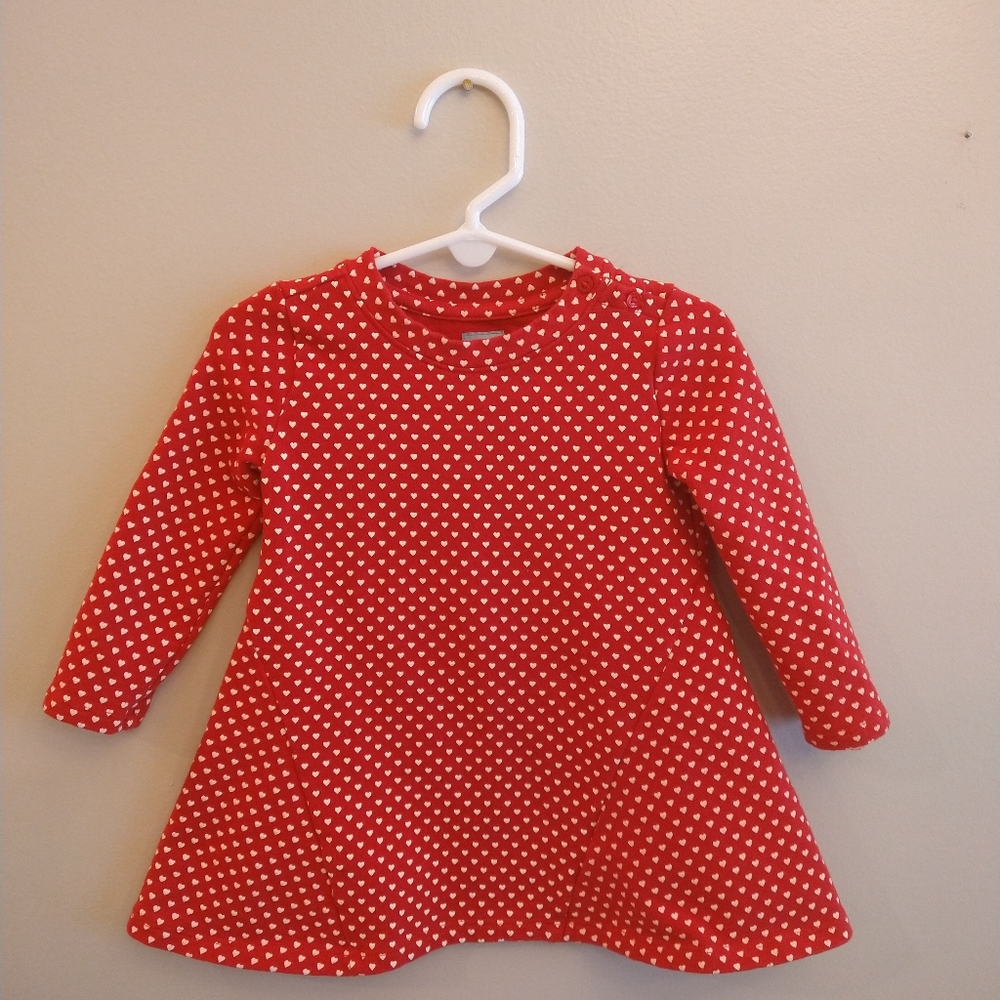 BabyGap red long sleeve dress with tiny white hearts button closure on shoulder